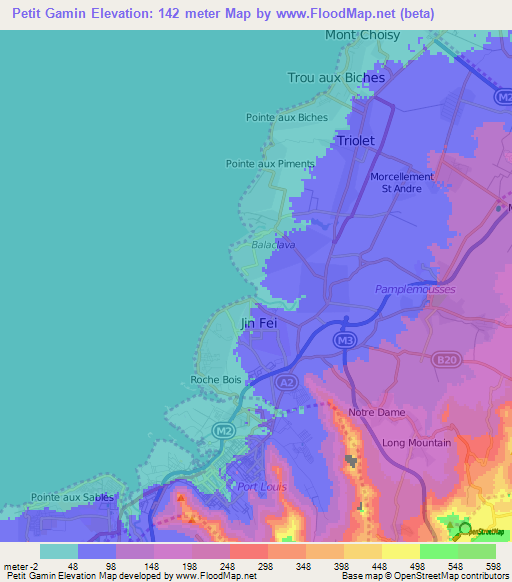 Petit Gamin,Mauritius Elevation Map