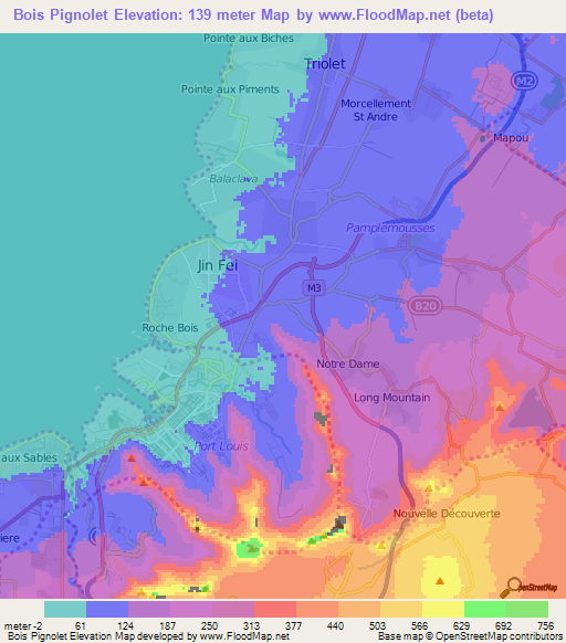 Bois Pignolet,Mauritius Elevation Map