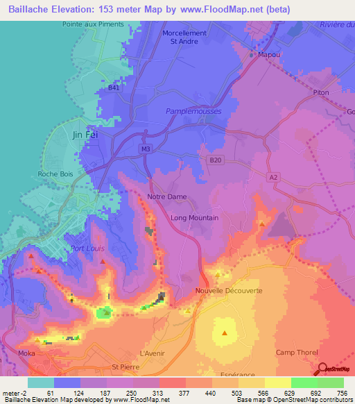 Baillache,Mauritius Elevation Map