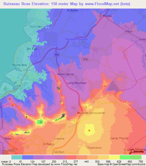 Ruisseau Rose,Mauritius Elevation Map