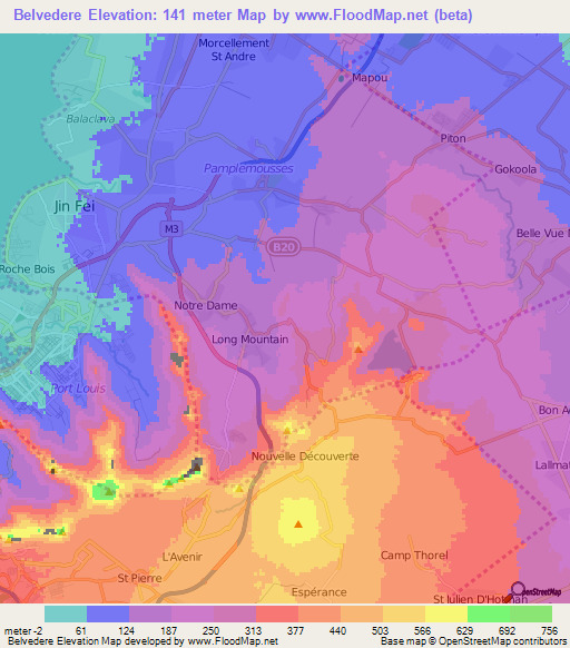 Belvedere,Mauritius Elevation Map