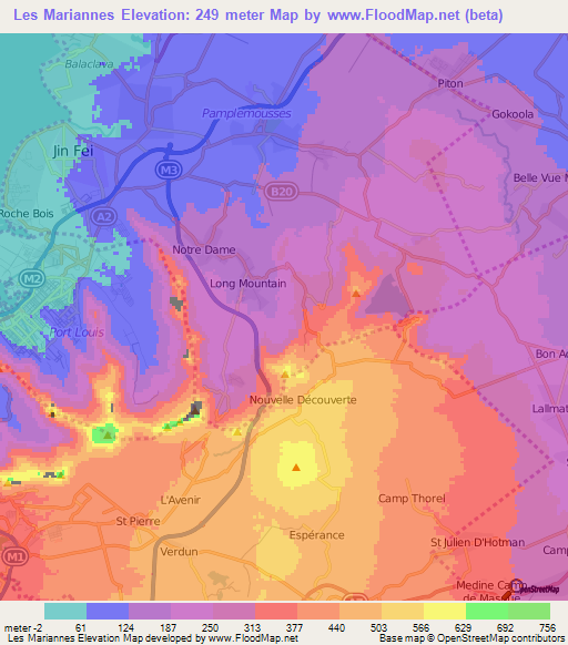 Les Mariannes,Mauritius Elevation Map