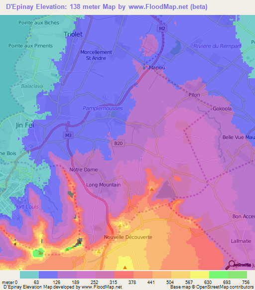 D'Epinay,Mauritius Elevation Map