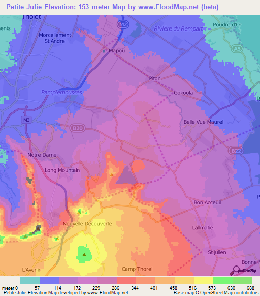 Petite Julie,Mauritius Elevation Map