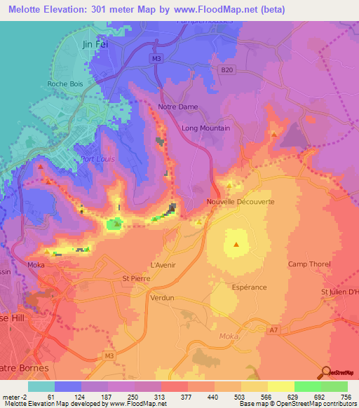 Melotte,Mauritius Elevation Map