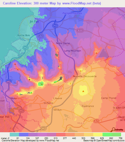 Caroline,Mauritius Elevation Map