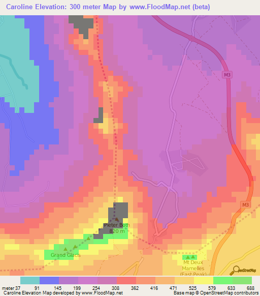 Caroline,Mauritius Elevation Map