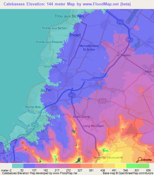 Calebasses,Mauritius Elevation Map