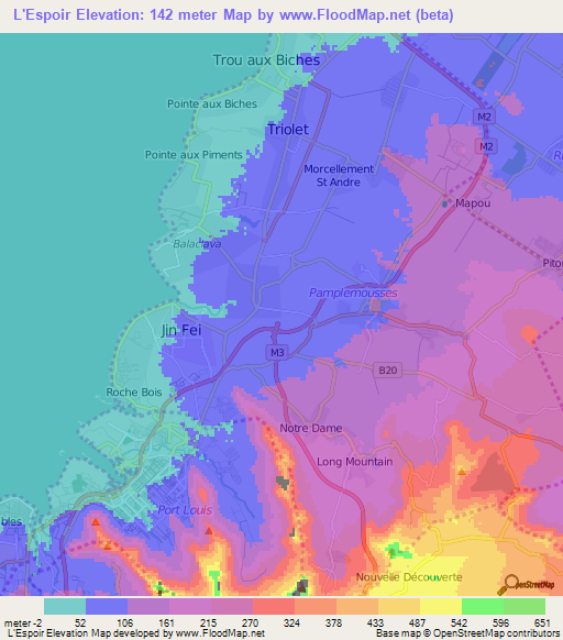 L'Espoir,Mauritius Elevation Map