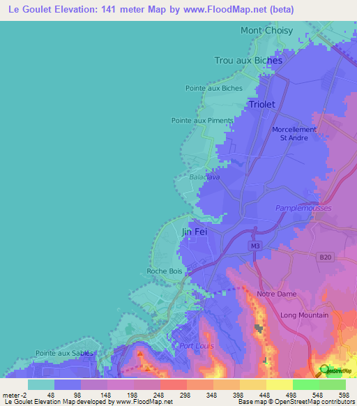 Le Goulet,Mauritius Elevation Map