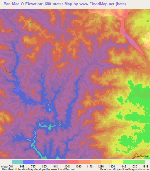 Ban Mae O,Thailand Elevation Map