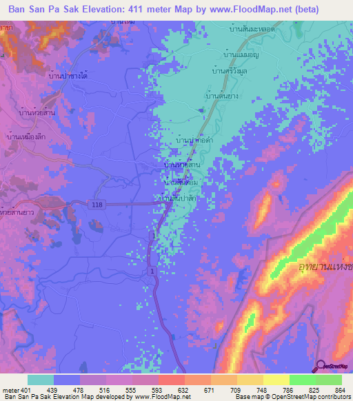 Ban San Pa Sak,Thailand Elevation Map