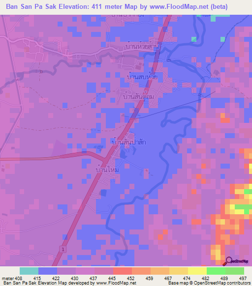 Ban San Pa Sak,Thailand Elevation Map