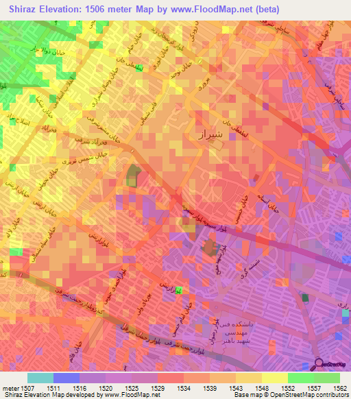 Shiraz,Iran Elevation Map