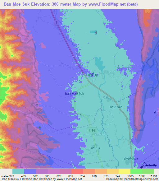 Ban Mae Suk,Thailand Elevation Map