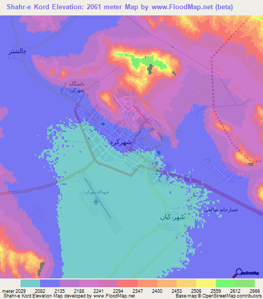 Shahr-e Kord,Iran Elevation Map