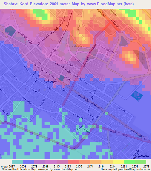 Shahr-e Kord,Iran Elevation Map