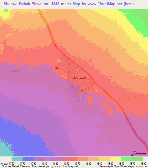 Shahr-e Babak,Iran Elevation Map