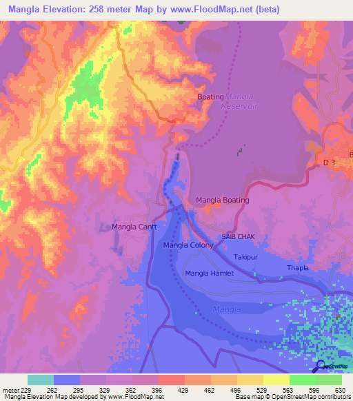 Mangla,Pakistan Elevation Map