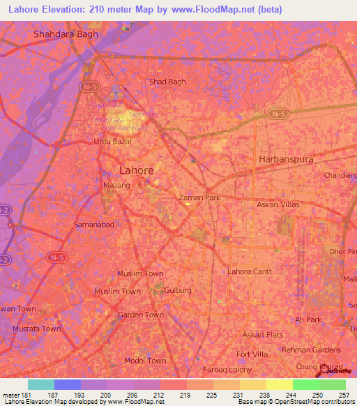 Lahore,Pakistan Elevation Map