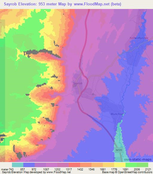 Sayrob,Uzbekistan Elevation Map