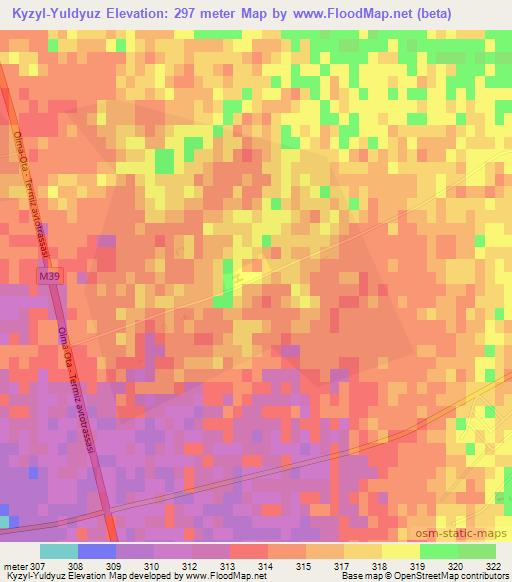 Kyzyl-Yuldyuz,Uzbekistan Elevation Map