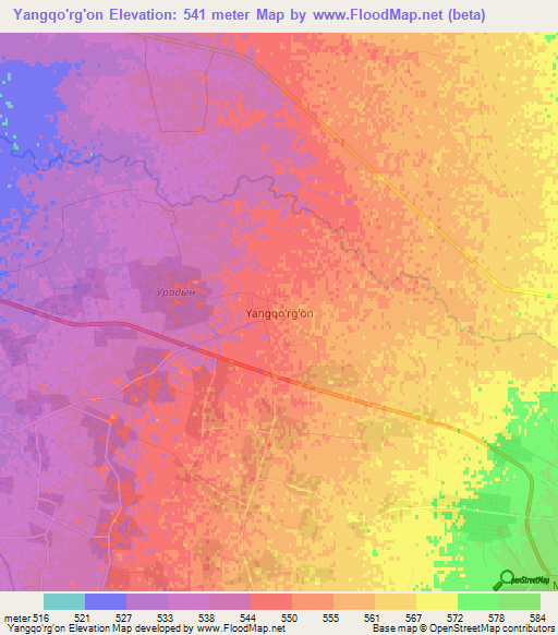 Yangqo'rg'on,Uzbekistan Elevation Map