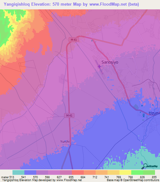 Yangiqishloq,Uzbekistan Elevation Map