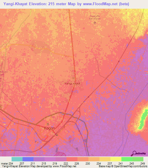 Yangi-Khayat,Uzbekistan Elevation Map