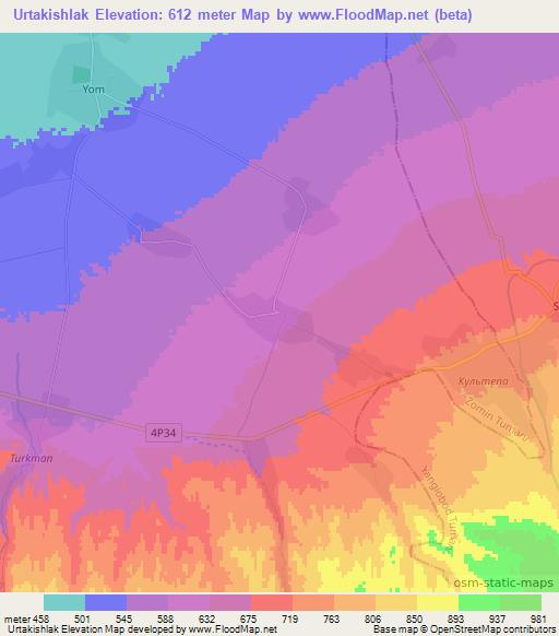 Urtakishlak,Uzbekistan Elevation Map