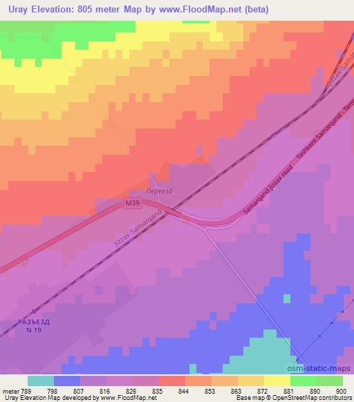 Uray,Uzbekistan Elevation Map