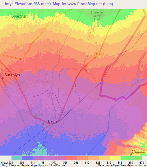 Umyr,Uzbekistan Elevation Map