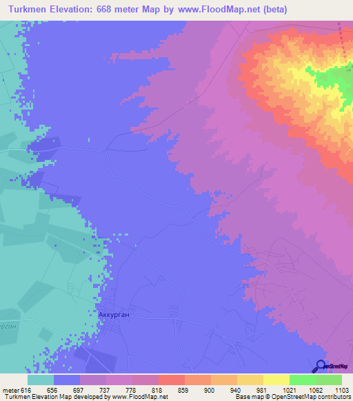 Turkmen,Uzbekistan Elevation Map