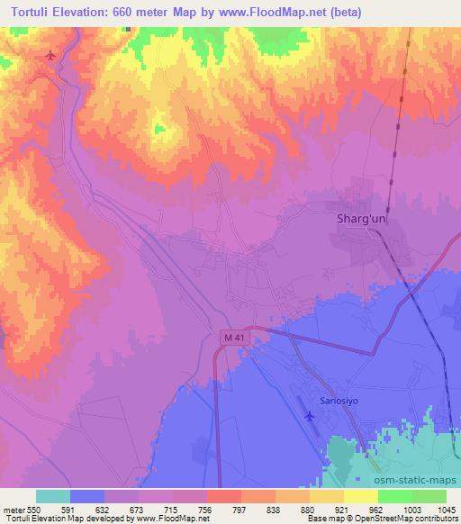 Tortuli,Uzbekistan Elevation Map