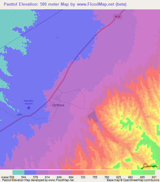 Pasttol,Uzbekistan Elevation Map