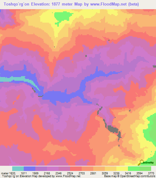 Toshqo`rg`on,Uzbekistan Elevation Map