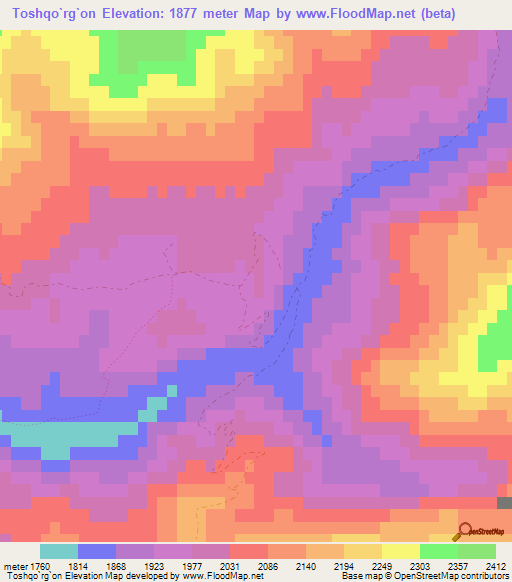 Toshqo`rg`on,Uzbekistan Elevation Map