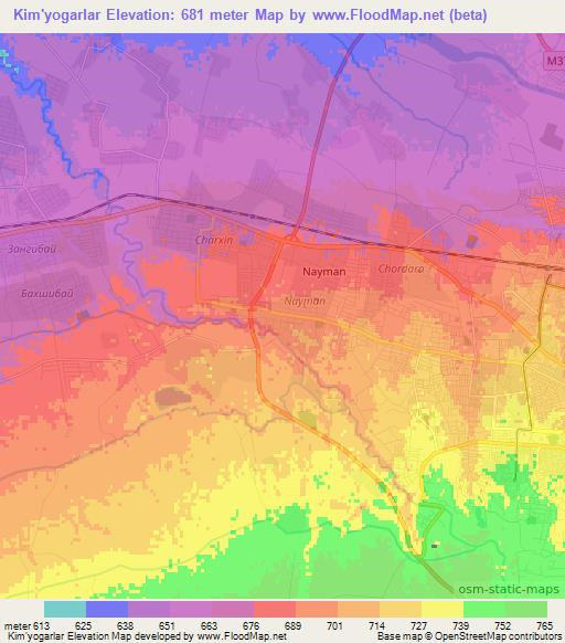 Kim'yogarlar,Uzbekistan Elevation Map