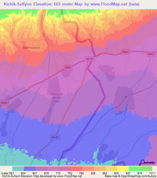 Kichik-Sufiyon,Uzbekistan Elevation Map