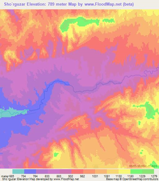 Sho`rguzar,Uzbekistan Elevation Map