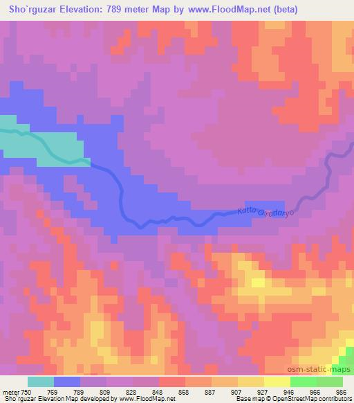 Sho`rguzar,Uzbekistan Elevation Map