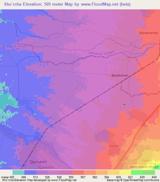 Sho`rcha,Uzbekistan Elevation Map