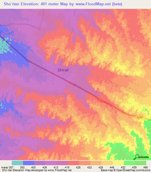 Sho`rtan,Uzbekistan Elevation Map