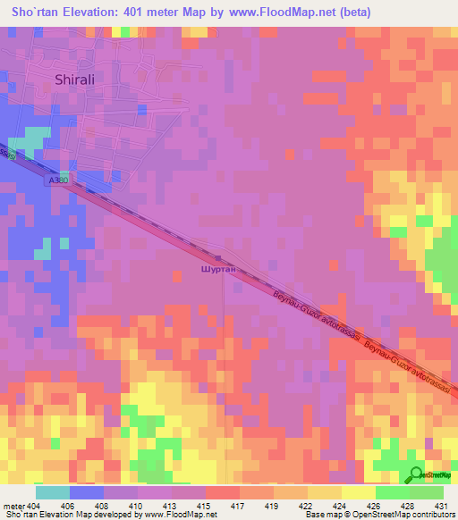 Sho`rtan,Uzbekistan Elevation Map