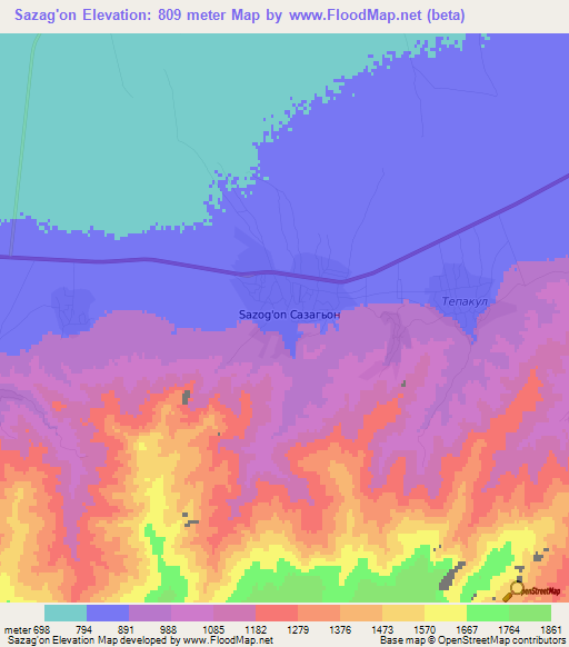 Sazag'on,Uzbekistan Elevation Map