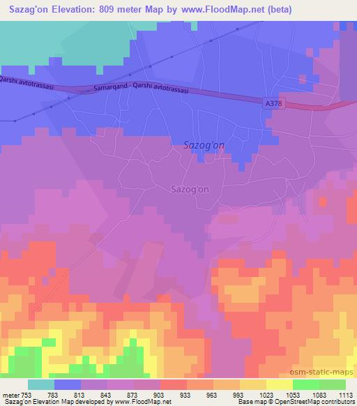 Sazag'on,Uzbekistan Elevation Map