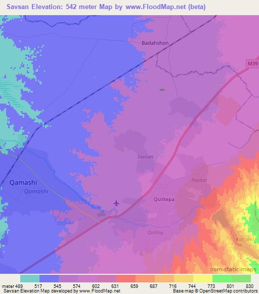 Savsan,Uzbekistan Elevation Map
