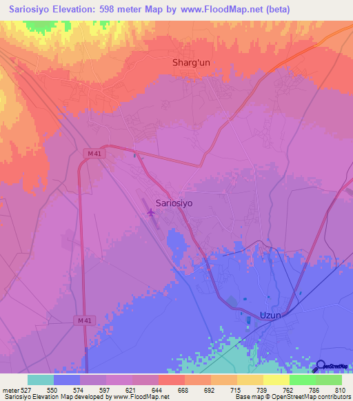 Sariosiyo,Uzbekistan Elevation Map