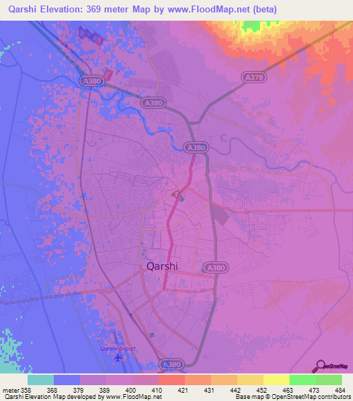 Qarshi,Uzbekistan Elevation Map