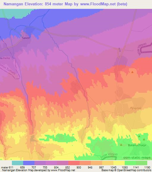 Namangan,Uzbekistan Elevation Map